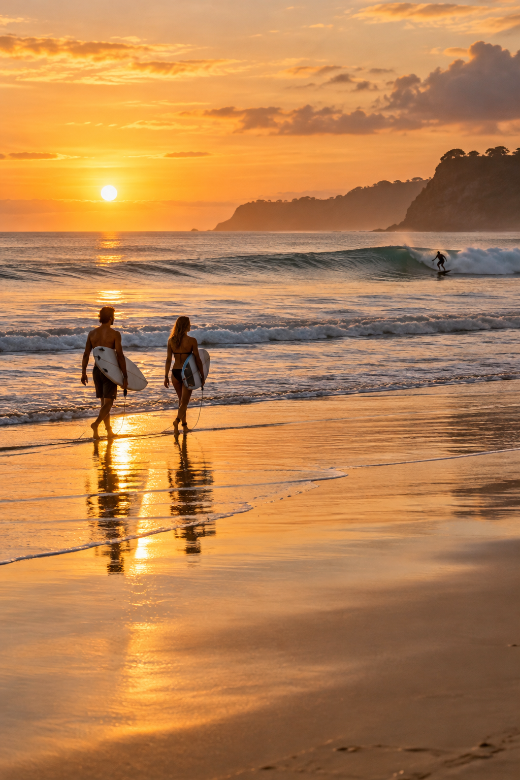 Illustration of surfers on a tropical beach at sunset